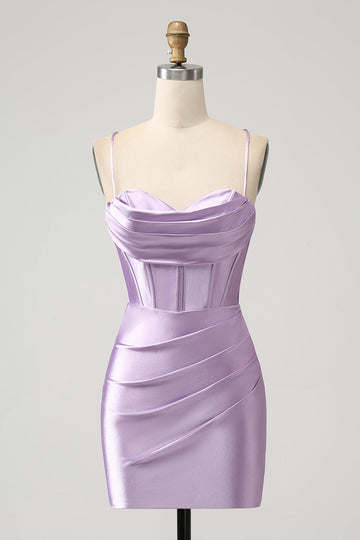 Lila Bodycon Spaghetti Tirantes Corsé Satén Vestido Corto De Regreso A Casa
